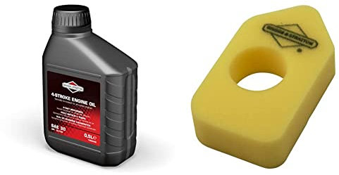 Briggs & Stratton 100004E 4-Stroke Lawn Mower Engine Oil SAE30, 500ml, Black, 0.5 Litre & 698369 Yellow Foam Air Filter. Classic, Sprint & Quattro Engine