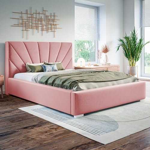 MOTIVENA Sisi Polsterbett 160x200 mit Bettkasten, Bett 160x200 mit Lattenrost, Bett 160x200 mit Stauraum, Stauraumbett 160x200, mit Kopfteil, ohne Matratze, Samt, Rosa (Pink)