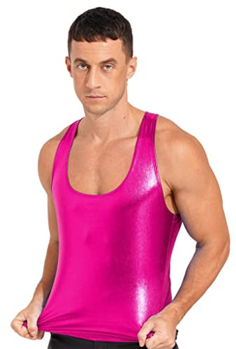 Runhomal Tank Top Homme Musculation Débardeurs Brillant Métallique T-Shirt sans Manche Tenue Sport Danse Disco Clubwear Haut Fitness Running Taille Unique A Rose XL