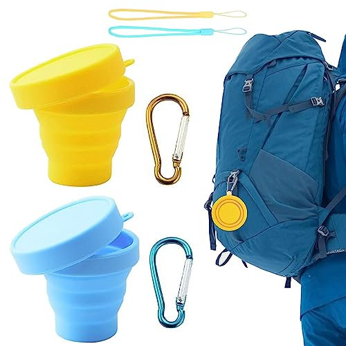 Kiuiom Coupe D'eau Pliable Tasse,Tasses en Silicone Pliables avec Couvercle,Mug à Café Portable Gobelets Extensibles,2 Pièces Lanière et Mousqueton pour Camping Randonnée Pique Nique(170 ml)