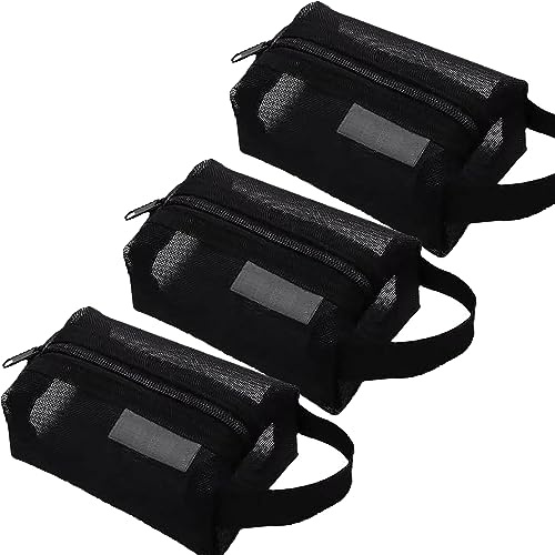 Portable Square Mesh Storage Bag, Mesh Makeup Bag with Zipper Cosmetic Bag, Small Square Coin Purse Portable Toiletry Bag (3Pcs Black)