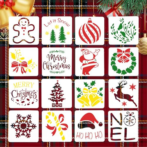 30pcs Pochoirs de Noël, Réutilisables Painting Template Motifs Multiples Pochoirs de Décoration Peinture Sur Bois pour Bricolage Ornements Tranche de Bois