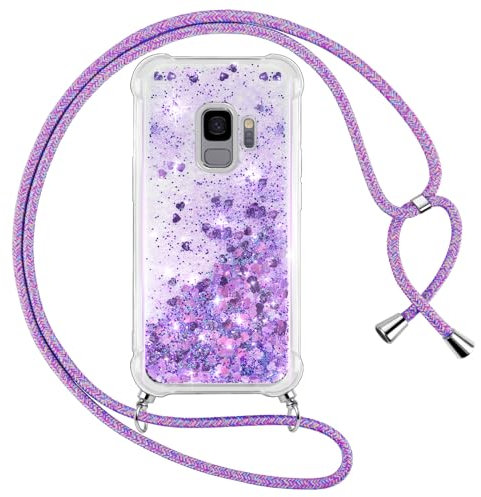 Vauki Coque pour Samsung Galaxy S9 avec Cordon, Paillette Liquide Transparent Crystal Glitter Housse, Protection Antichoc Silicone Souple TPU Bumper Case,Réglable Collier pour Samsung S9, Violet