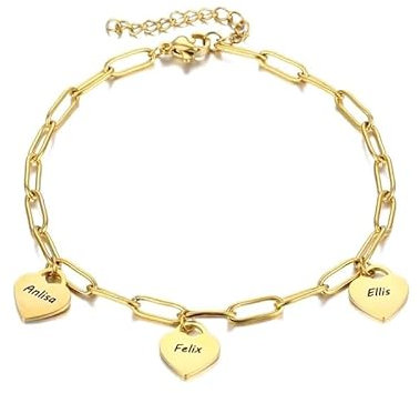 Bracelet fil chaine rectangle pendentif coeur - acier inoxydable - or ou argent - réglable de 14 à 19 cm - gravure message gravé prénom mot au choix - bijoux personnalisés- breloque coeur