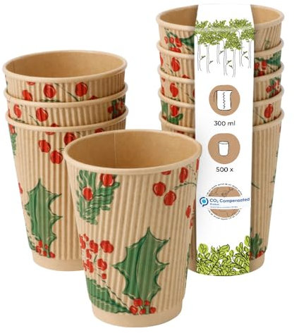 BIOZOYG 500 gobelets cannelés de 300 ml 'Branches' d'hiver pour café à emporter biodégradables à usage unique. Gobelets cannelés en carton compostable non blanchi pour le vin chaud.