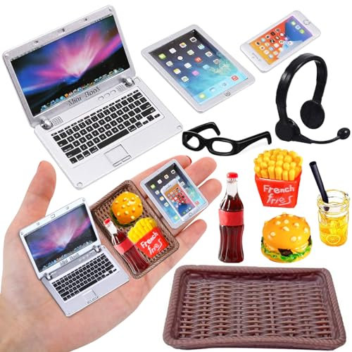 Miniatur Wichtel Zubehör, Miniatur Puppenhaus Zubehör 1/12 Miniatur Laptop Handy Mini Brille Hamburger Cola Pommes Getränke Tablett Miniatur Lebensmittel Puppenzubehör Miniatur Deko Möbel 10 Stück
