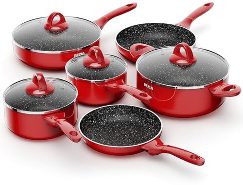 Induction Hob Pan Set, Pots and Pans Set Nonstick 10 Piece, Non Stick Cookware Saucepan Sets with Lids, Stay-Cool Bakelite Handle, Red