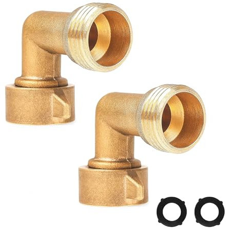 Hourleey Lot de 2 connecteurs coudés à 90 degrés, coude de tuyau en laiton de 1,9 cm avec 2 rondelles, adaptateur de tuyau pour raccords d'eau de camping-car, robinets résidentiels d'extérieur