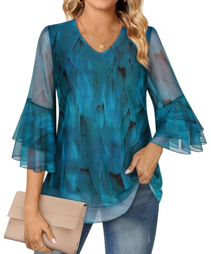 Syphiby Ladies Tops uk Tunic Tops to Wear with Leggings Chiffon Work Blouses Ruffle 3/4 Sleeve V Neck Dressy Tops Flattering Wedding Evening Office Going Out Tops Lightweight Mesh Blouse Shirts