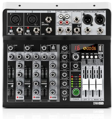 XTUGA 4 Channel Audio Mixer Professional Audio Mixer for Computer Recording, USB Studio Mixer with 48V Phantom Power DJ Mixer Bluetooth, KP4