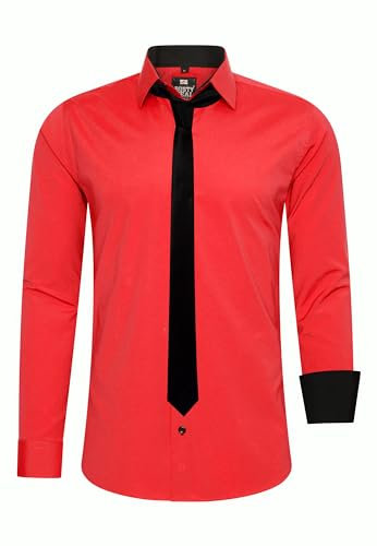 Rusty Neal Herren-Hemd Premium Slim Fit Langarm Stretch Kontrast Hemd mit Krawatte Business-Hemden Outfit Freizeithemd Set 44_99, Größe:XL, Farbe:Rot