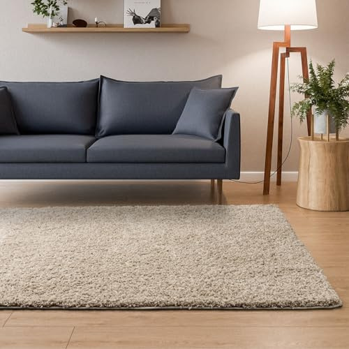 Interiyou Hochflor Teppich Sofia - 60x120 cm Beige - flauschig und einfarbig - waschbar und rutschfest - weicher Langflor