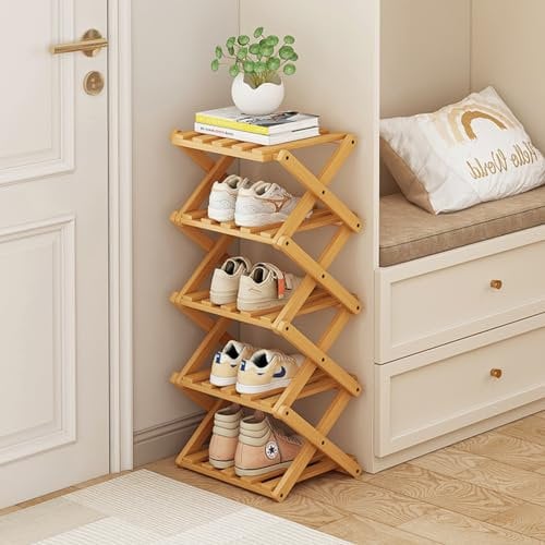 XZXWZX Rangement pour Chaussures Pliable en Bambou, Étagère sur Pied pour l'entrée, Le Placard, la Chambre, Le Couloir, | Naturel | Fonctionnel | Multifonctionne (Couleur Bois 5 Couches