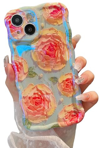 XIZYO Oil Painting Flower Case for iPhone 15, Pink Rose/Blue | Colorful Retro Style, Curly Wave Frame, Laser Glossy, Cute Aesthetic Floral Pattern, Slim Shockproof, Soft TPU, Girly Design