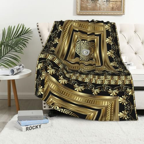 EgoMed Decke, weiche Decke, Flanelldecke für Schlafzimmer, Sofa, Bettwäsche 152 x 102 cm,Geometrischer griechischer Retro-Goldschlüssel