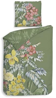 Heckett Lane Mako-Satin Bettwäsche 135x200 Jean Green Blüten Tropic grün gelb