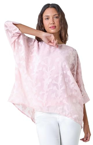 Roman Overlay Top for Women UK - Ladies Summer Blouse Spring Everyday Holiday Autumn Work Winter Round Neckline Comfy Pull-On Soft Vacation 3/4 Length Sleeves - Light Pink - Size 18