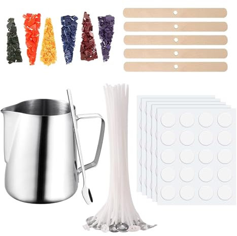 Scentoria Kit de fabrication de bougies DIY, pot de cire de 550 ml et 100 mèches de bougie, 6 couleurs de bougie, 5 dispositifs de centrage en bois, 100 autocollants pour bougies - Kit de fabrication