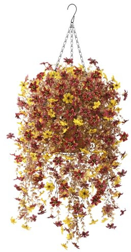 Artificial Fake Hanging Flowers Plants Baskets for Outdoor Fall Autumn Decoration,Faux Silk Flower in Planter UV Resistant Look Real for Home Outside Porch Garden Yard Patio Decor