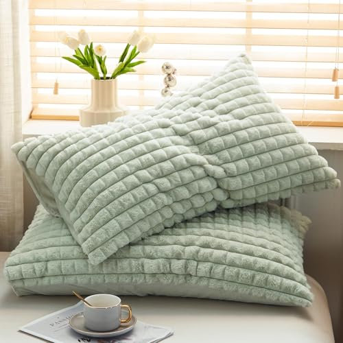 Freyamy Plüsch Kissenbezug 40x80cm 2er Set Grün Flauschig Kunstfell Kopfkissenbezug Flanell Fleece Samt Biber Kissenhülle Warme Cashmere Touch Zierkissenbezug