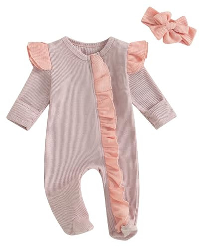 Geagodelia Neonato Ragazza Footies Pagliaccetti in Cotone Colore Solido Manica Lunga Jumpsuits Neonato Elegante Vestiti Body con Fascia (Viola-Rosa, 0-3 Months)