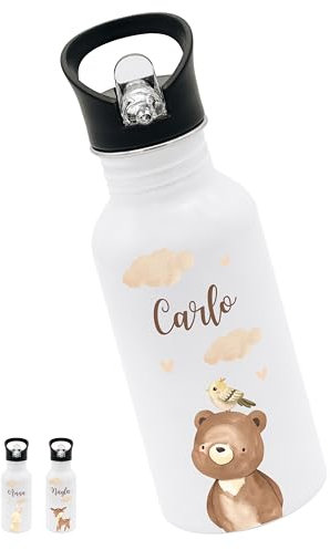 Bärenfreunde® - Personalisierte Trinkflasche Kinder Edelstahl [ 500ml ] - Robuste Trinkflasche mit Namen - Wasserflasche mit Trinkhalm - Personalisierte Geschenke für Kinder (Bär)