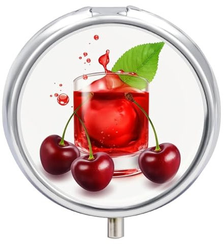 Cherry Juice Pill Box for Pocket Round Pill Box 3 Compartment Decorative Portable Travel Pill Holder Tablet Vitamin Organizer Mini Pill Case