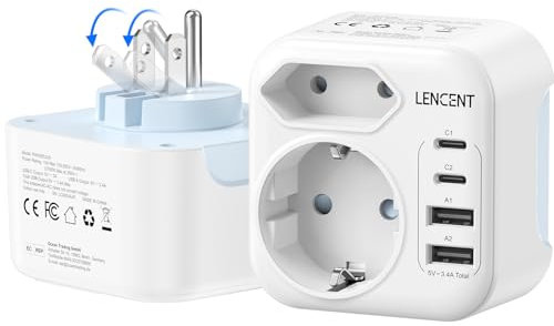 LENCENT Adattatore Presa Americana, Adattatore Spina Tipo B USA Germania, Presa da Viaggio Pieghevole con 2 Porte USB-C & 2 USB-A, Adattatori Prese EU a USA per Americana, Messico, Canada, Thailandia