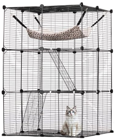 VEVOR Grande Gabbia per Gatti a 3 Livelli, 711 x 711 x 1041 mm, Recinto Gatti Fai da Te in Filo Metallico Staccabile, con Amaca 2 Scale a Rampa, per Esercizio al Chiuso e Aperto, Facile Montare, Nero