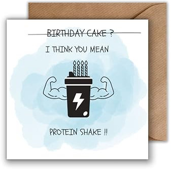 WBdesignz Geburtstagskarte mit Umschlag - Protein Shake Birthday Cake Gym Karte zum Geburtstag Glückwunschkarten Geburtstag (125 x 125 mm)