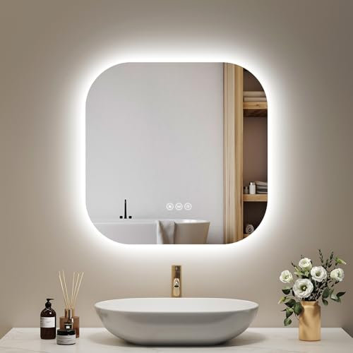 EMKE Miroir Salle de Bain avec éclairage 60x60 cm,Anti-buée, 3 Couleurs de lumière réglables,luminosité réglable, Fonction mémoire, économiseur d’énergie,Miroir LED Carré