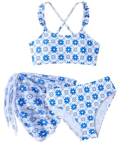 Sunfashion Badeanzug Für Mädchen Dreiteiliges Set Bikini Mädchen 134 Kinder Badeanzug Badeanzug 110 Mädchen Bikini Set Teenager Mit Rock Wasser Kleid Für Kinder Dunkelblau Meer(Sky Blue, 10-11 Years)