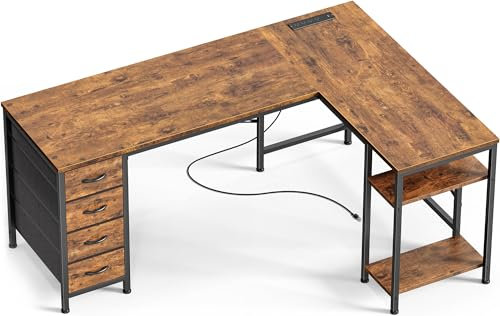 Huuger 63 Inch L Shaped Desk with Drawers, Reversible Computer Desk with Power Outlets and USB-C Port, Adjustable Side Storage Shelves, for Work Study Gorner Home Office, Rustic Brown