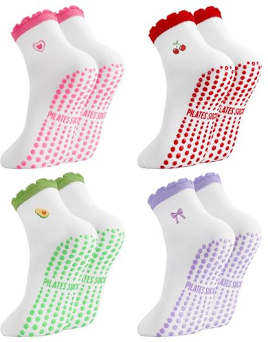 Utensilsto 4 Paare Pilates Socken Stoppersocken Damen 39-42, Rutschfeste Socken Damen Antirutsch Rüschen Grip Socks für Pilates Barre Yoga Ballett Tanzen Trampolin Barfuß