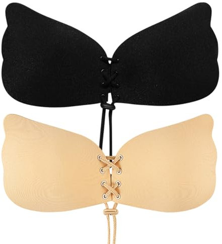 TUONYIS 2 Paires Soutien Gorge Invisible Adhésifs Push Up, Soutien Gorge Dos Nu Invisible, Réutilisable, Soutien Gorge sans Bretelle pour Les Robes de Soirée Robes de Mariée (Beige, Noir)