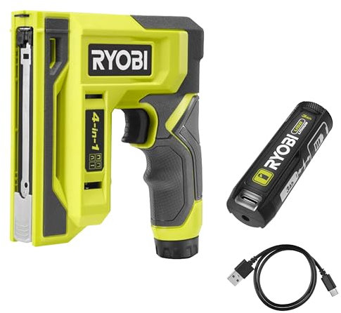 Ryobi - Agrafeuse cloueuse à batterie 4V USB Lithium - Agrafeuse rapide et sans effort - Pour travaux de bricolage et de décoration + Batterie 3,0 Ah livrée avec Son câble USB-C