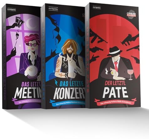 CRIMECASES Krimidinner Bundle 4-10 Personen | 3 Spiele mit Motto: Mafia, Konzert, Firmenfeier | Der letzte Pate + Das letzte Konzert + Das letzte Meeting | Mörderisches Dinner ab 14 Jahren