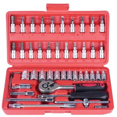 JAJALUYA 46-Piece 1/4 Drive Socket Ratchet Spanner Set, Screwdriver Bits,Tool Set Extension Bar for DIY, and Storage Case, Automotive Repair and Assemble Furniture