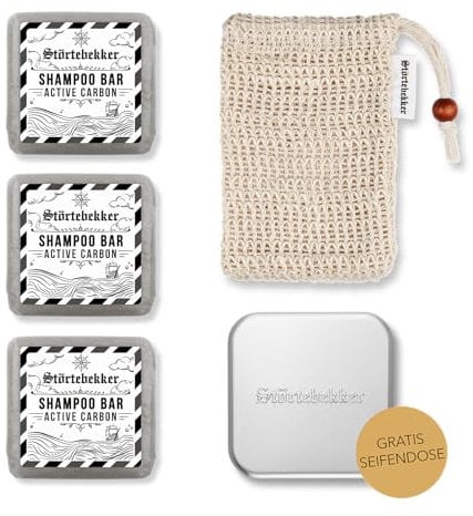 Störtebekker® Premium Duschset - Festes Shampoo Active Carbon (x3), Sisalsäckchen + GRATIS Seifendose Aluminium - Shampoo Bar Set - Aktivkohle-Shampoo - Handgefertigt in Seifenmanufaktur