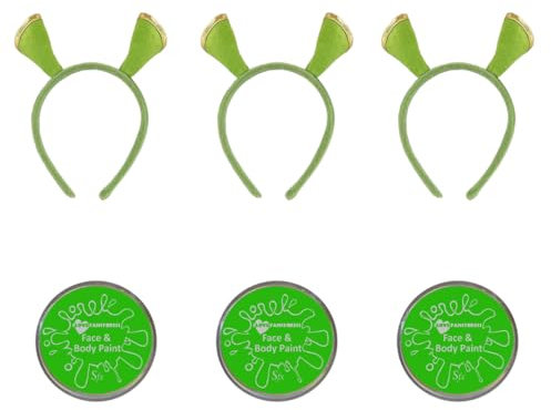 Ogre Lot de 3 bandeaux et peinture pour le visage vert - Accessoires de costume d'Ogre des marais pour adultes et enfants - Déguisement d'Halloween, cosplay, kit de maquillage de personnage de film