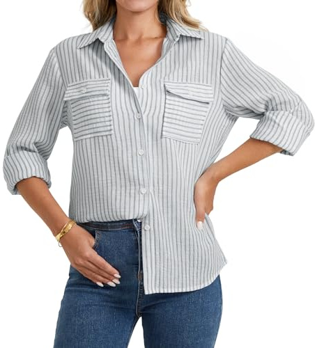 Enmain Women's Linen Shirts Long Sleeve V Neck Grey Striped Blouses Tops Button Down Summer Casual Shirt for Women with Pockets XXL