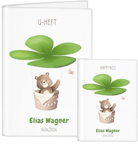 U-Heft & Impfpass Hülle Set personalisiert – Bär im Kleeblatt-Heißluftballon – Geschenk zur Geburt & Taufe – Baby Dokumentenmappe für Mädchen & Jungen – Handmade (Bär)