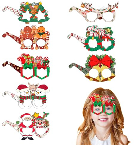 8 Stück Weihnachts Papier Brille Neuheit Lustige Weihnachten Elch Schneemann Party Brille Weihnachtsbaum Rahmen Foto Requisiten Kostüm Dekoration Partybrille für Neujahrsgeburtstag Hochzeitsfeier