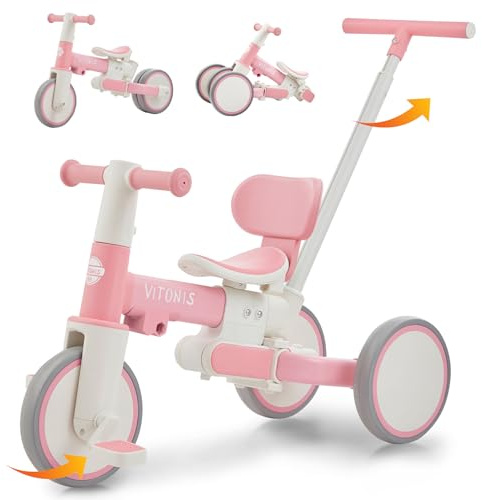 Tricycle bébé évolutif 5 en 1, Vélos pour Enfants de 1 à 3 Ans avec Barre de poussée pour Les Enfants,Cadeaux et Jouets pour garçons et Filles (Rose)