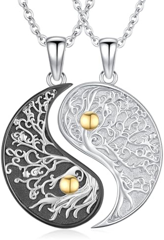 JFASHOP Yin Yang Halskette 925 Sterling Silber Taichi Paar BFF Kette Berg Sonne Anhänger Halskette 2 Stück Yin Yang Kette Schmuck Geschenke für Damen Herren Couple