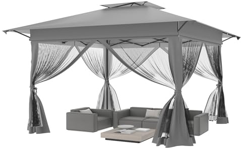 YZNAHRE Gartenpavillon 3x3m, Pop-Up Faltpavillon mit Doppeldach, 4 Moskitonetzen, UV-Schutz, Mückensicher, Höhenverstellbar (3 Stufen), Grau