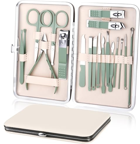 URAQT Nagelknipser, 18-teiliges Maniküre Pediküre Set, Edelstahl Nail Clipper Fußpflege Set, Professionelle Beauty Nagelpflege Kit, Ideales Geschenke für Männer und Damen für Zuhause, Reisen, Grün