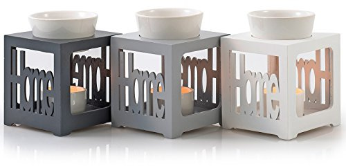 levandeo Duftlampe aus Holz und Keramik in der Farbe Grau Silber Schriftzug Home - Größe: 10x10cm und 13cm hoch - Aromaspender Aromalampe für Aroma - Duftöl/Duftwachs