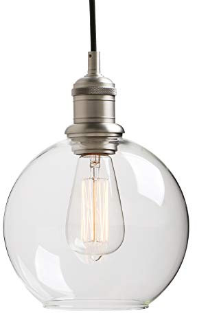 Yosoan Rundkugel-Klar Glas Industrie Loft-Pendelleuchte Pendelleuchten Badezimmerleuchte, Badezimmerlampe, Innenleuchte, spritzwassergeschützt (Gebürsteter Edelstahl Farbe)