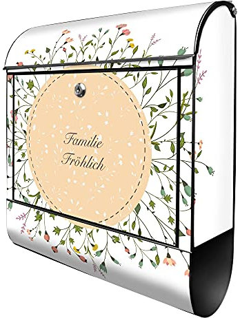 banjado® Design Briefkasten personalisiert WT Blumenkranz 38,5x46,5x13cm & 2 Schlüssel - Briefkasten Stahl schwarz Zeitungsfach pulverbeschichtet - Postkasten A4 Einwurf inkl. Montagematerial